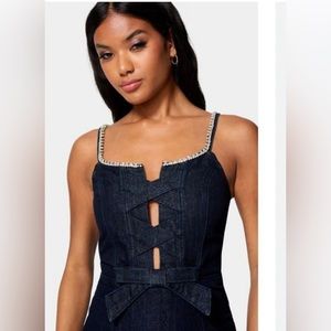 Sold out Bebe denim Crystal embellished dress, flattering A line shape
